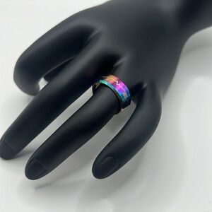 Heartline Etched Heart Pulse Rainbow Stainless Steel Ring Band